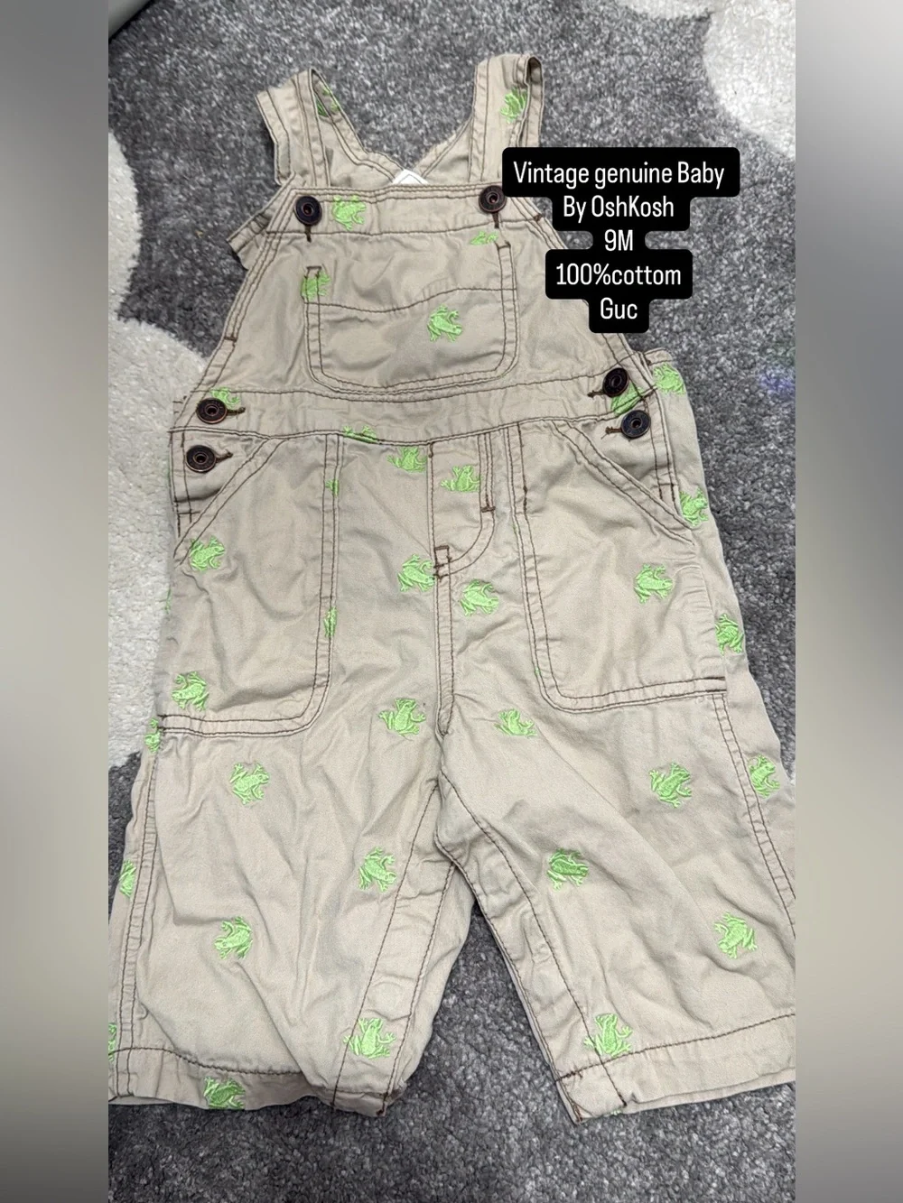 OshKosh B'gosh Khaki Overalls with Neon Green Frog Embroidery